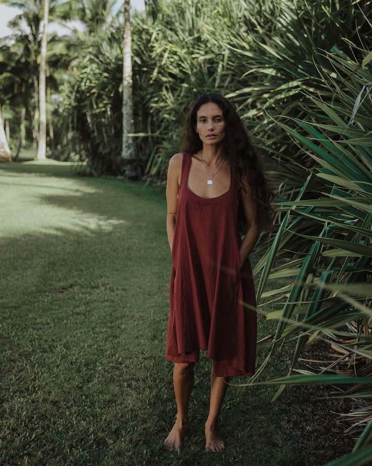 This item is final sale. A staple summer dress is crafted from breezy handwoven cotton fabric, cut for a relaxed fit and an A-line silhouette. The wide shoulder straps, deep pockets, scoop neckline and flowy fit are finishing touches to this sustainable dress. - Length: 36” - Fabric: Handwoven cotton - Color: Umber/brown Summer Beach Dress With Scoop Neck, Relaxed Fit Unlined Sundress Maxi Dress, Summer Scoop Neck Dresses For Vacation, Summer Scoop Neck Vacation Dresses, Summer Dresses With Scoop Neck For Vacation, Beach Cotton Midi Dress With Pockets, Summer Cotton Midi Dress Unlined, Unlined Cotton Midi Dress For Vacation, Scoop Neck Summer Dress For Vacation