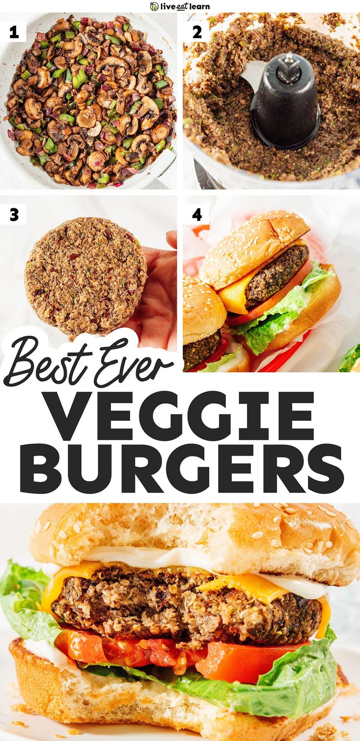 the best ever veggie burgers recipe is shown in four different pictures, including meat and lettuce