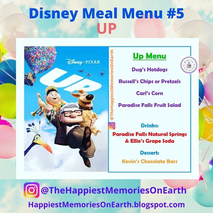 the menu for disney meal menu 5 up with balloons in the sky and an image of characters