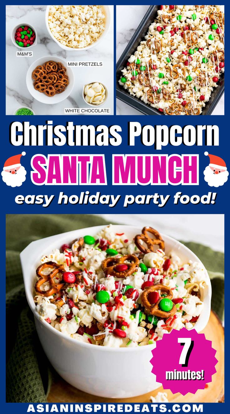 a big bowl full of popcorn, pretzels and candy Easy Holiday Party Food, Holiday Party Food Easy, Christmas Popcorn Recipes, Holiday Party Snacks, Holiday Party Food, Easy Holiday Party, Christmas Party Menu, Popcorn Recipes Easy, Easy Christmas Party