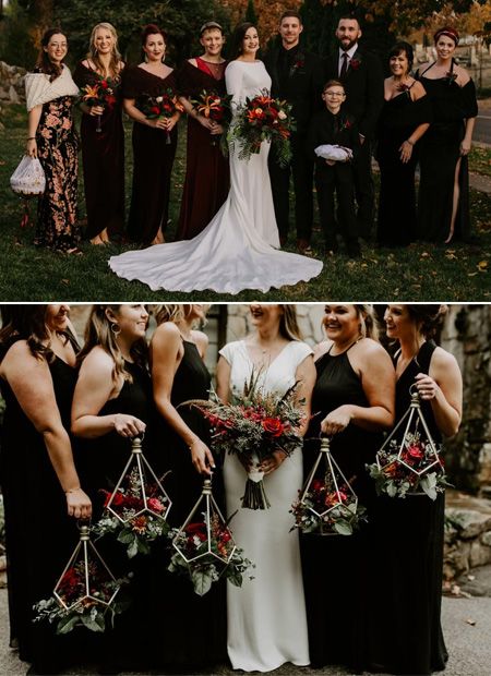 the bride and her bridal party are all dressed in black, white, and red