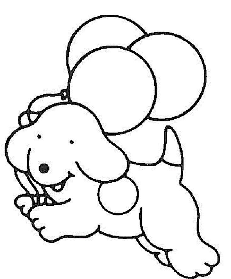 a dog with balloons floating in the air coloring pages for kids, printable and coloring