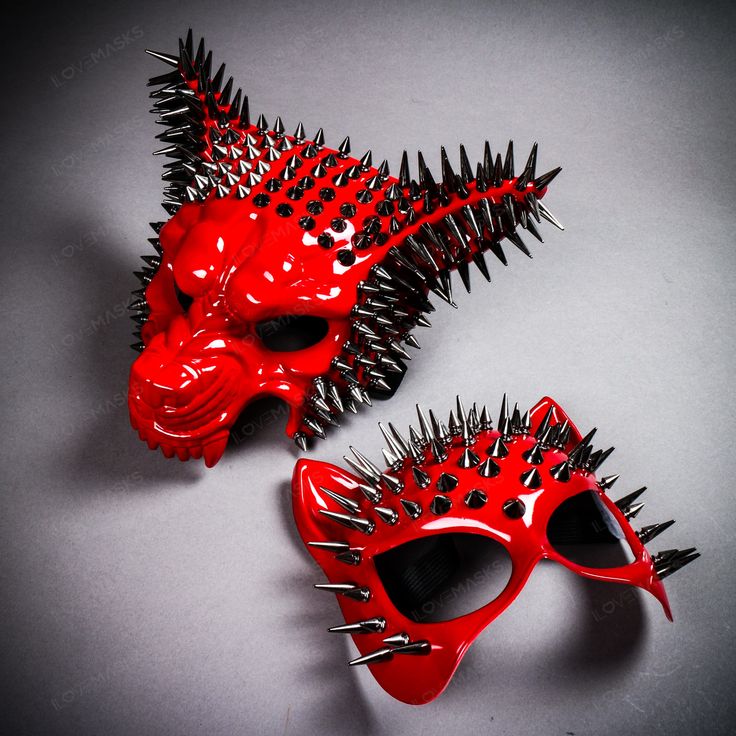 Angry Wolf And Wild Cat Glossy Red Spike Masquerade Party Couple Masks @Usms-M39587rd-M39604rd Punk Masquerade Mask For Halloween Party, Punk Style Masquerade Mask For Halloween Party, Punk Style Halloween Masquerade Mask For Party, Red Masquerade Mask For Halloween Cosplay, Red Masquerade Mask For Halloween Costume, Red Masquerade Mask For Halloween, Red Masquerade Mask For Halloween Party, Red Halloween Party Masquerade Mask, Masquerade Couple