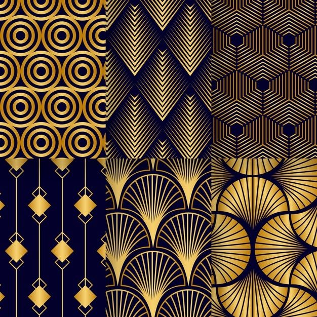 art deco wallpapers in gold and black with geometric designs on the sides,