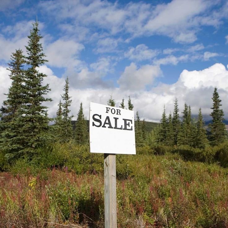 a for sale sign sitting in the middle of a grass covered field with trees behind it