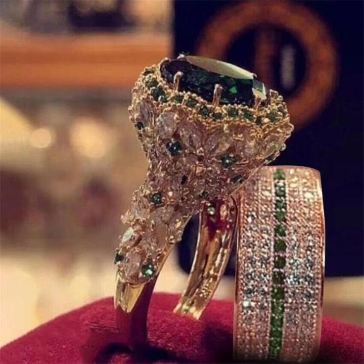 ❤ Kween Gems is an Exclusive Trendy Jewelry Collection for any occasion of Wedding, Engagement, Valentines Day, Anniversary, etc.  FIRST PREFERENCE  ✔ Material : Solid 14K Yellow Gold ✔ Main Stone : Natural Emerald ✔ Secondary Stone : Moissanite Diamonds ( GRA certified )  SECONDARY PREFERENCE  ✔ Material : 925 Sterling Silver ✔ Main Stone : Simulated Emerald ✔ Secondary Stone : Simulated Diamonds ✔ Yellow Gold Finish ----------------------------------------------------------------------- ✔ Main Luxury Wedding Rings, White Stone Ring, Hip Hop Rings, Ring Settings Types, Edwardian Art, Gold Color Ring, Princess Ring, Wedding Ring Set, Fashion Ring