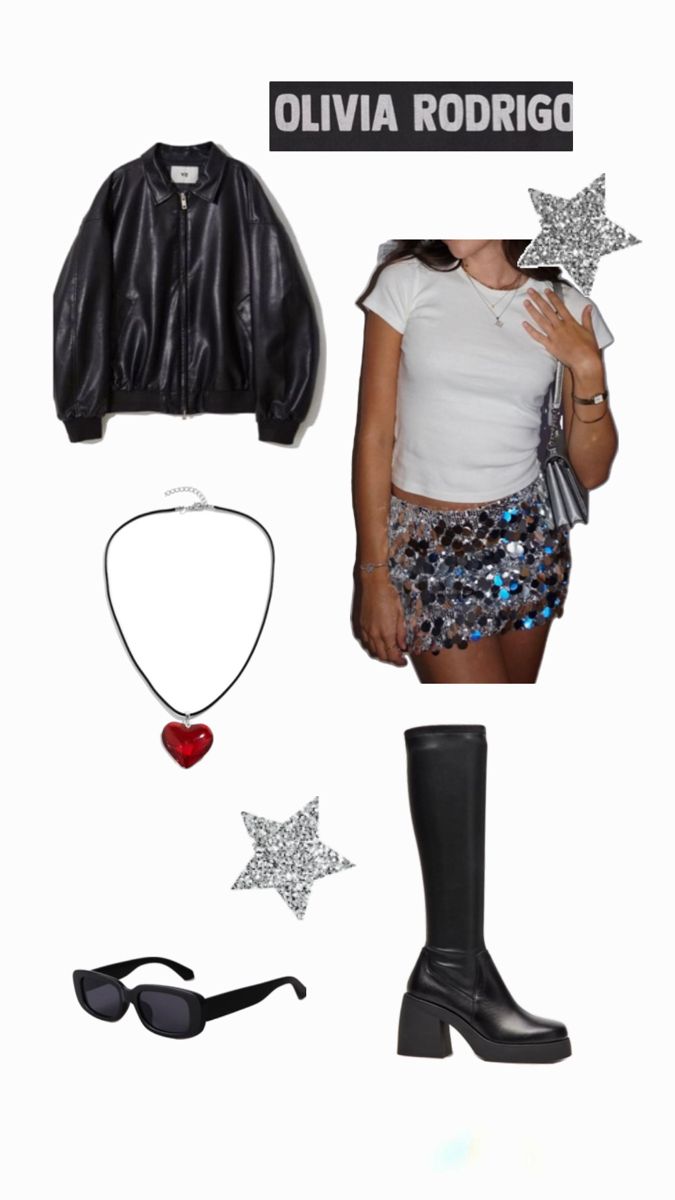 Cute outfit inspiration for Olivia Rodrigo concert Olivia Rodrigo Sparkly Outfit, Cute Outfits To Wear To Olivia Rodrigo Concert, Olivia Rodrigo Party Outfits, Outfit Ideas For Olivia Rodrigo Concert, Olivia Rodrigo Concert Outfit Inspiration, Olivia Rodrigo Outfit Aesthetic, Olivia Rodrigo Guts Concert Outfit Ideas, Olivia Tour Outfits, Bad Idea Right Outfit