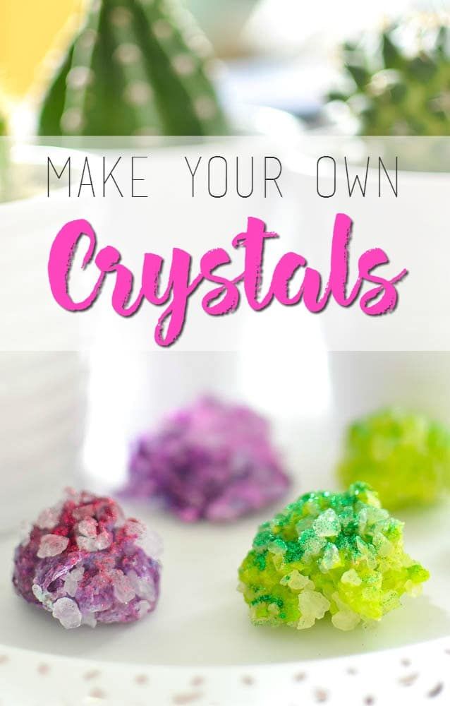 the words make your own crystals on a white plate with succulents and cacti