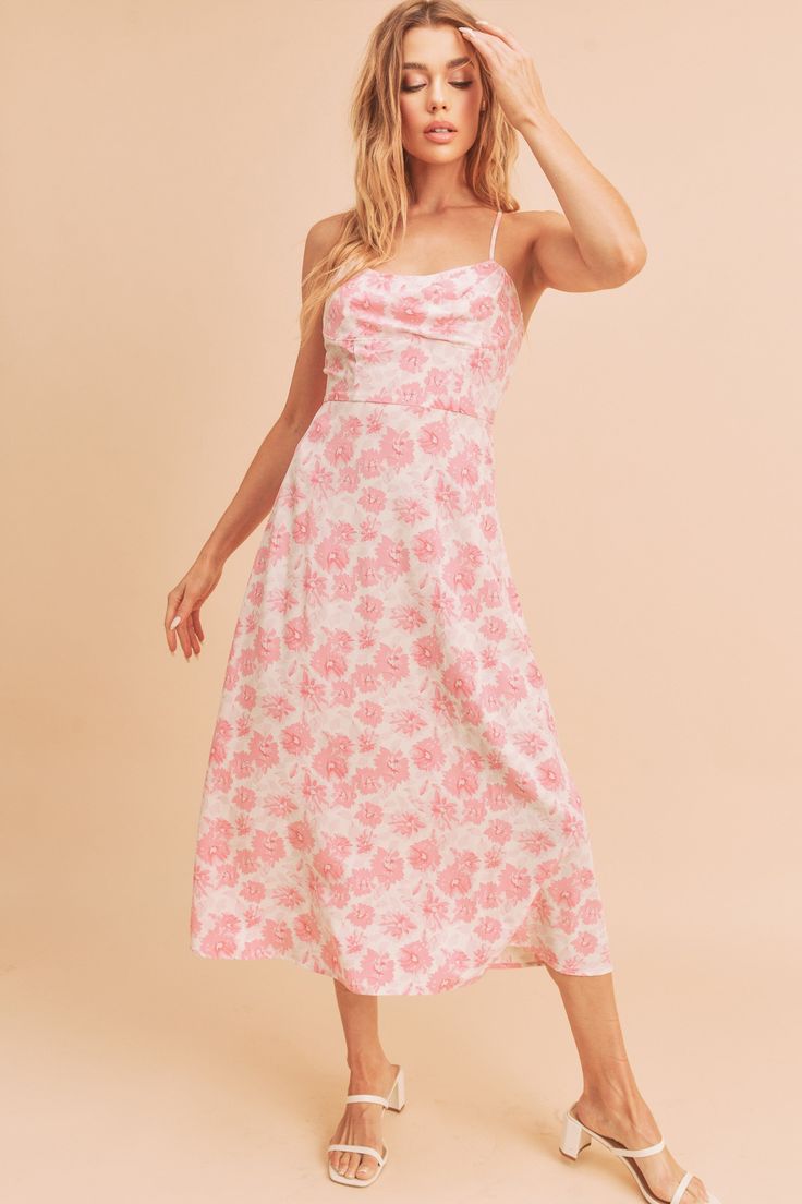 Floral Midi Dress in Rose Print Chic Pink Midi Dress With Lined Bodice, Summer Rose Print Midi Floral Dress, Summer Midi Floral Dress With Rose Print, Feminine Midi Dress With Rose Print, Pink Bridesmaid Midi Dress, Spring Flowy Midi Dress With Spaghetti Straps, Flowy Midi Dress With Spaghetti Straps For Spring, Flowy Spaghetti Strap Midi Dress For Spring, Feminine Midi-length Floral Dress With Rose Print