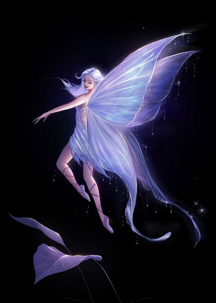 a fairy is flying through the air with her wings spread out and stars in the background