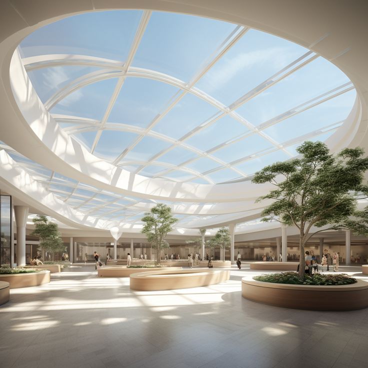 the interior of a large building with lots of windows and plants in pots on the floor