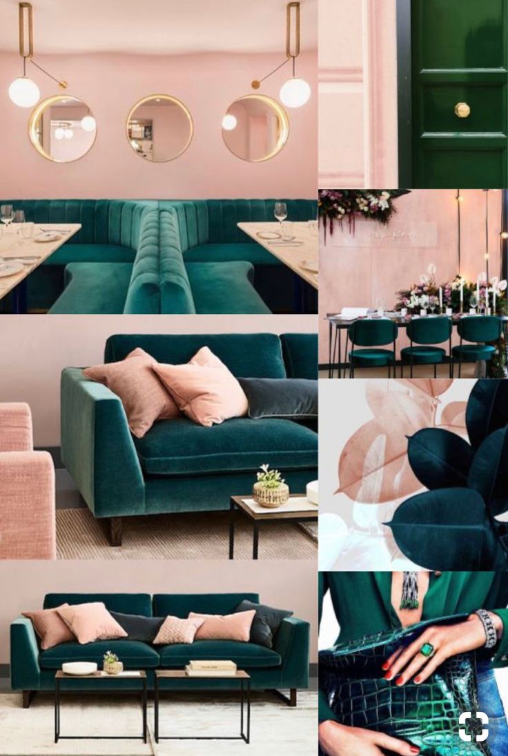 a collage of green couches and pink walls in a living room with gold accents