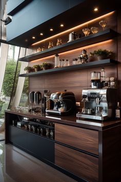 a coffee bar with lots of cups on the counter and shelves above it that are filled with various items