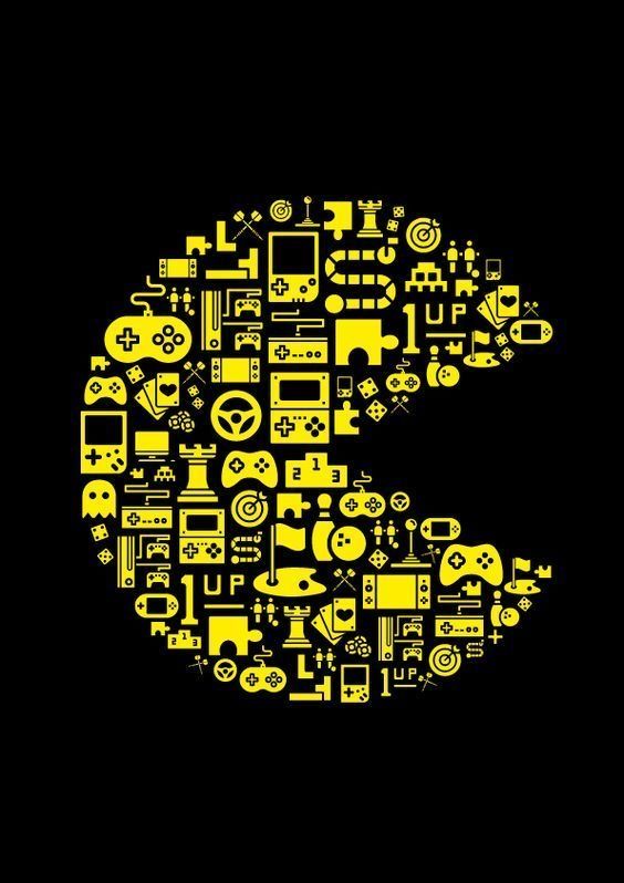 the letter s made up of different types of electronic devices in yellow on a black background