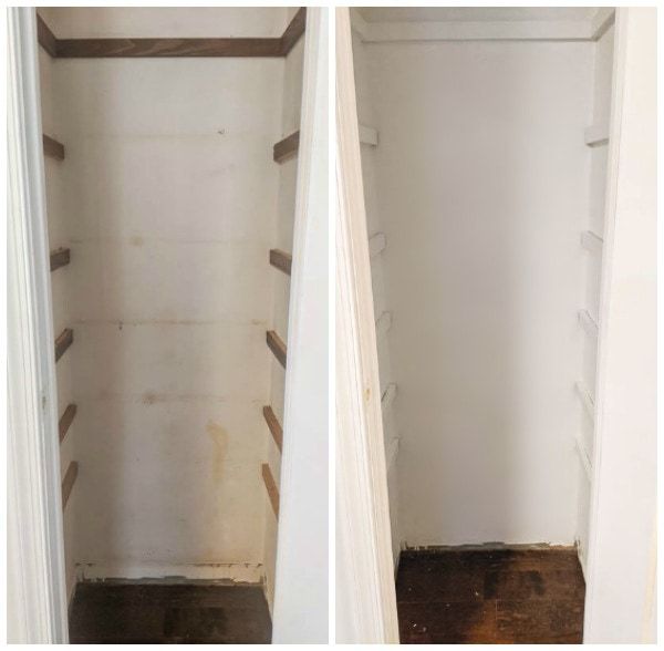 before and after pictures of a closet with wood flooring on the bottom and inside