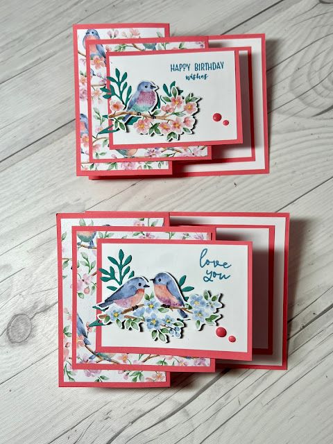 three cards with flowers and birds on them, one is for someone's birthday