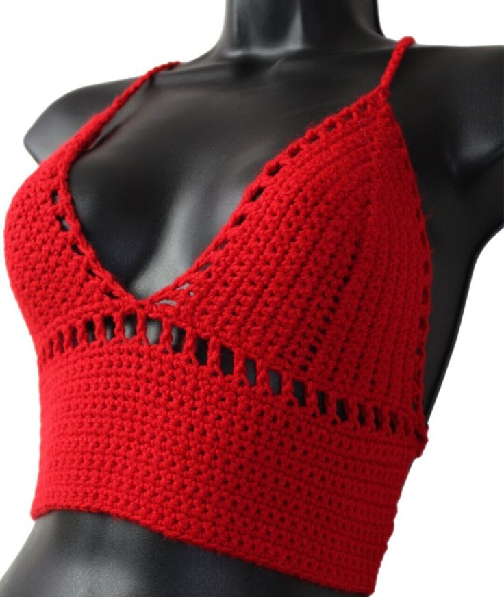 SIZE S This Red Rose Top is made of a soft, lightweight fabric, so it is comfortable to wear all day long. Crocheted work adds elegance and femininity. With its figure-hugging shape, this top flatters your curves and show off your best features. Showcasing a charming crocheted design, this Red Rose Top is the perfect piece to flaunt your curves for any occasion. It's a classic piece that can be dressed up or down for any setting. The beautiful details and timeless design will make this top a staple in your wardrobe. Details & Fit * Sleeveless * Halter neck * Tie in the back Content and care * Made of 100% acrylic * Hand wash in warm water, lay flat to dry Interested in having it customized for you but don't see your size? "Contact me" on below of the website will help you get it.  Be mindf Trendy Fitted Crochet Top For Party, Spring Fitted Triangle Top, Fitted Triangle Top For Spring, Red Halter Top For Night Out In Spring, Chic Fitted Crochet Top For Beach, Fitted Crochet Top For Spring Night Out, Elegant Fitted Crochet Top For Beach, Seamless Fitted Tops For Beach, Seamless Fitted Tops For The Beach