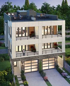 an artist's rendering of a three - story house in the evening with lights on