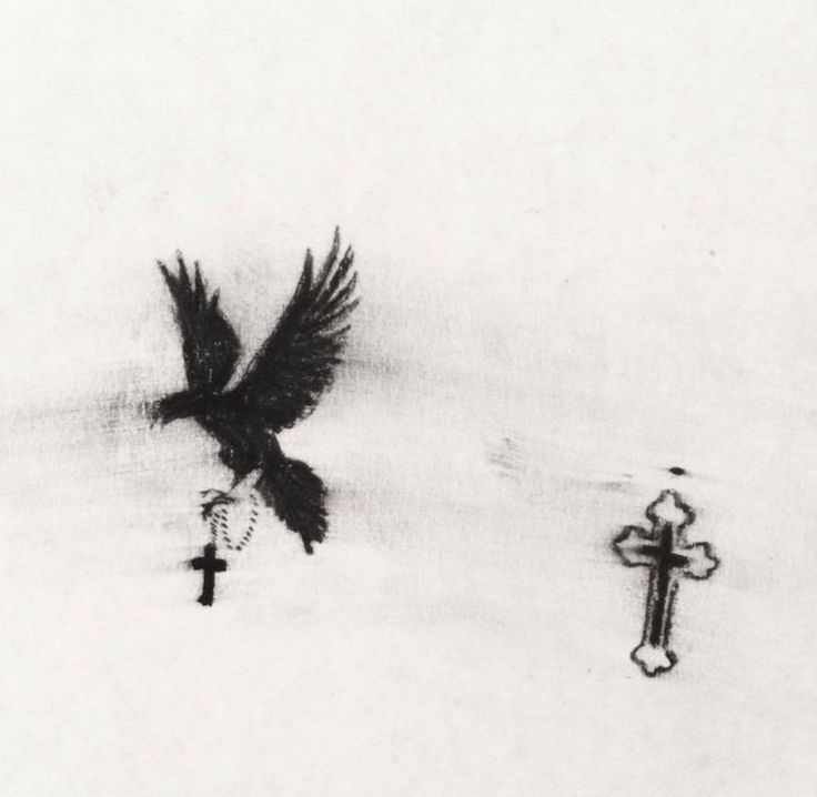 a black and white drawing of a bird flying next to a crucifix