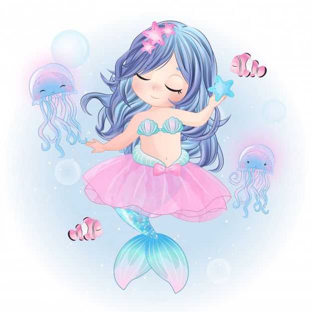 a cute little mermaid with blue hair and pink dress under the water surrounded by jellyfish