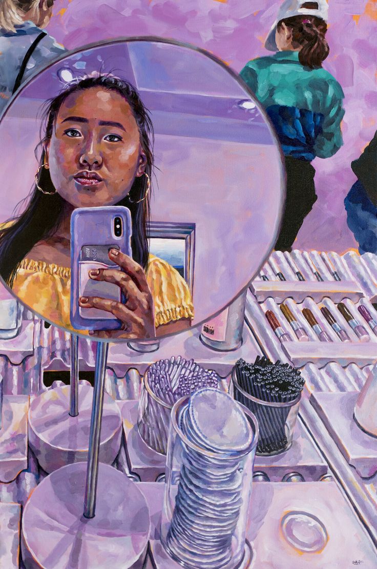 a painting of a woman taking a selfie in front of a mirror on a table