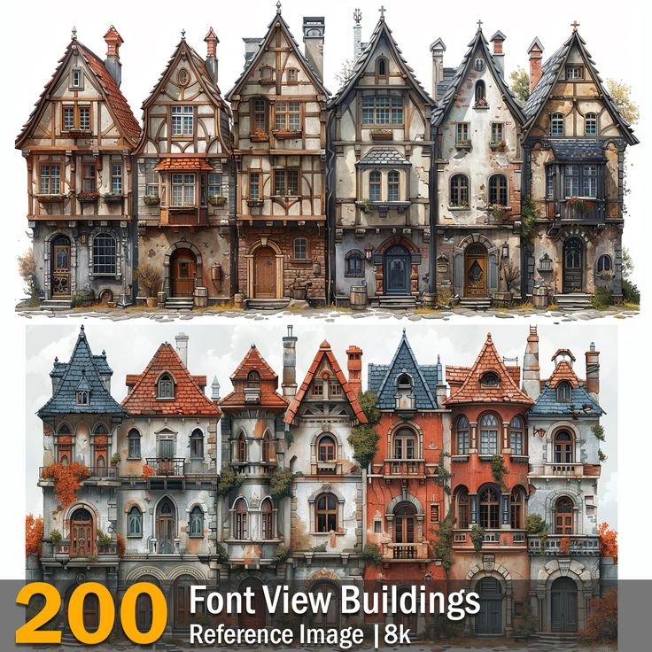 two different views of old houses with windows and balconies on the front, side and back