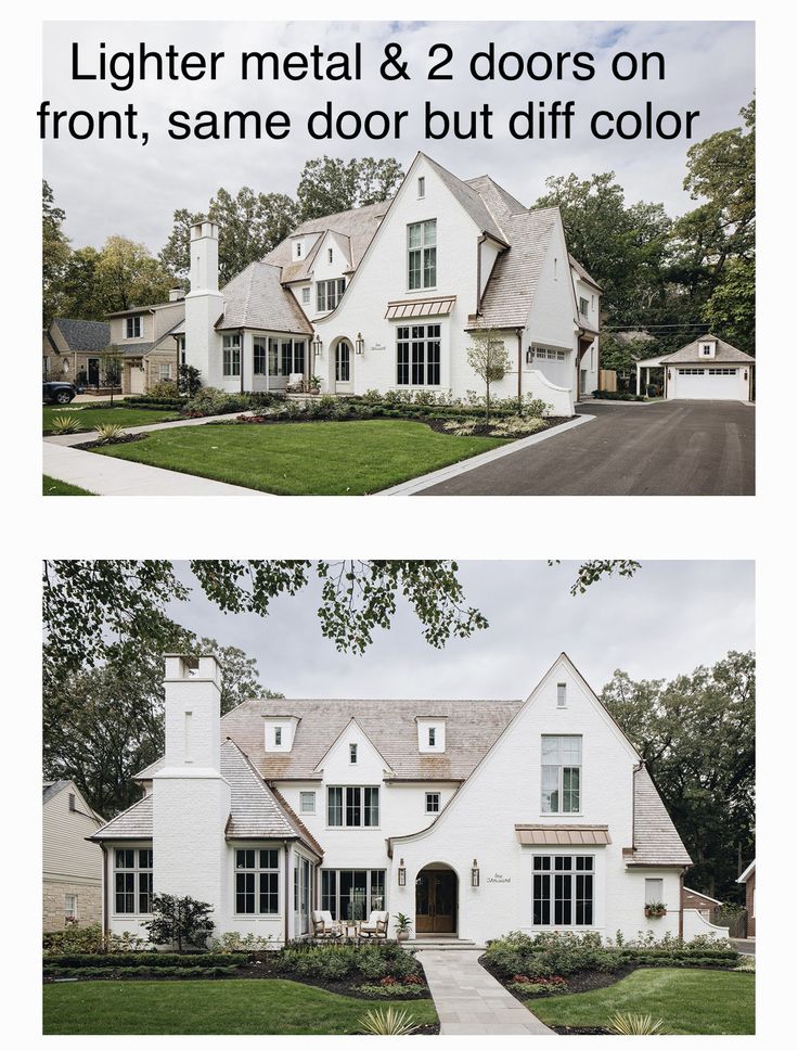 two different views of a white house with windows and doors on the front, same door but diff color