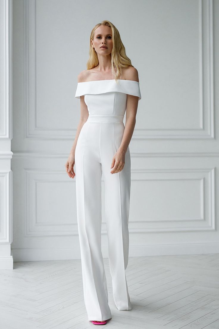 Off Shoulder White Jumpsuit, Wedding Romper The Bride White Jumpsuit, White Outfit Graduation, White Jumpsuit Graduation, White Formal Outfit, Off The Shoulder Suit, Simple White Jumpsuit, Outfits Blancos, White Jumpsuit Outfit