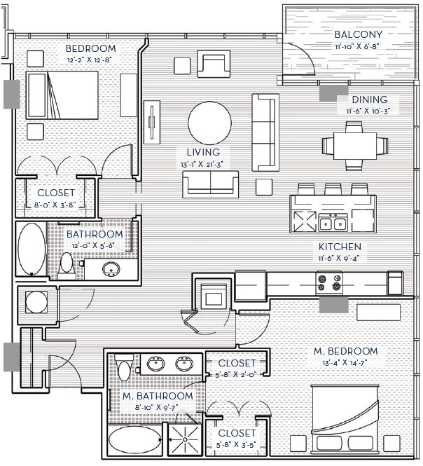 the floor plan for an apartment with two bedroom, one bathroom and living room area