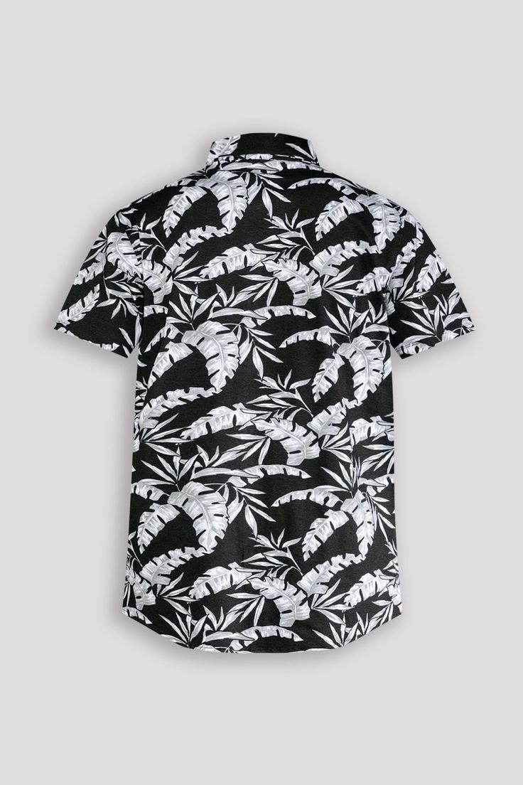 This short-sleeve button-up shirt features a sleek tropical leaf pattern in black and white. Perfect for adding a touch of sophistication to any outfit. Made with high-quality materials for a comfortable and stylish look. Boost your wardrobe with this versatile and trendy shirt. 95% Cotton 5% Spandex Machine wash cold, Tumble dry low, Wash with like colors, Do not bleach. Imported B4WS707 Size Chart Size S M L XL XXL Chest (inches) 36.5 - 38.5 38.5 - 40.5 40.5 - 42.5 42.5 - 44.5 44.5 - 46.5 Meas Black Short Sleeve Shirt For Summer, Black Short Sleeve Hawaiian Shirt For Summer, Black Tropical Shirt For Summer, Tropical Black Summer Shirt, Black Button-up Hawaiian Shirt For Beach, Black Hawaiian Shirt For Summer, Black Tropical Camp Shirt For Summer, Black Tropical Print Shirt For Vacation, Casual Black Hawaiian Shirt With Camp Collar