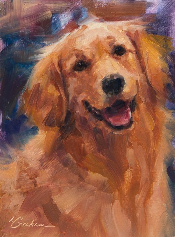 an oil painting of a golden retriever dog with his tongue out and eyes closed