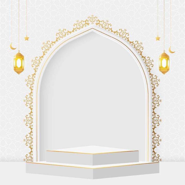 a white and gold arch with lanterns hanging from it