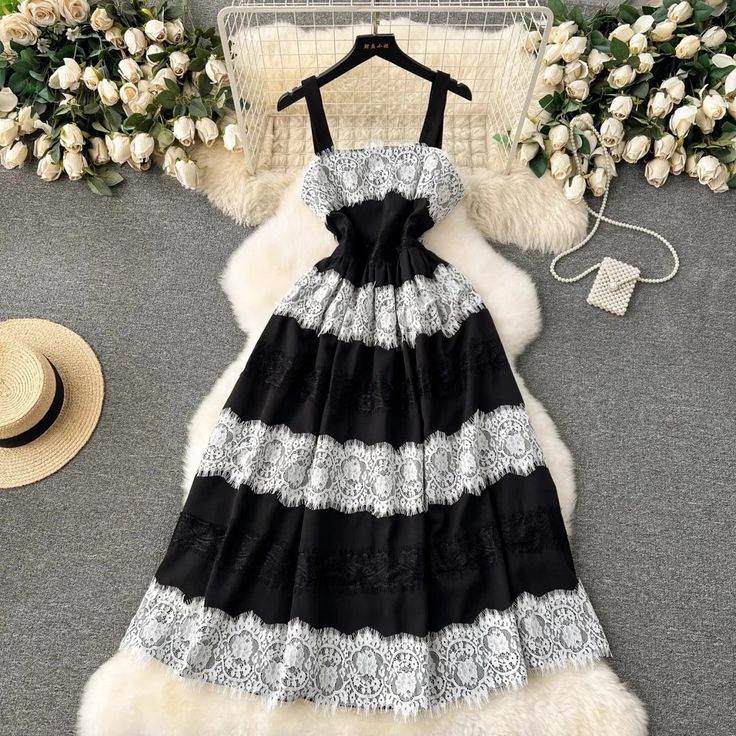 Elegant Black and White Lace Strap Dress White Lace Midi Dress, Evening Party Dresses, Dress Sets, Out Dress, Chic Sundress, Evening Party Dress, Dress Set, Event Dresses, Spaghetti Strap Dresses