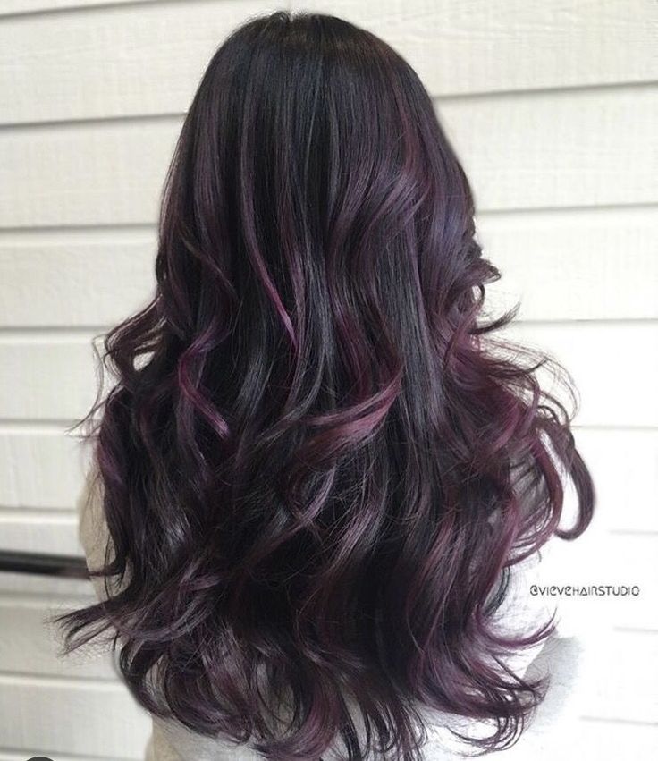 Plum Peekaboo Highlights, Eggplant Bayalage Hair, Dark Hair With Eggplant Highlights, Brown And Plum Hair, Plum Balayage Hair Brunettes, Plum Balayage Hair, Purple Bayalage Hair, Plum Hair Highlights, Plum Balayage