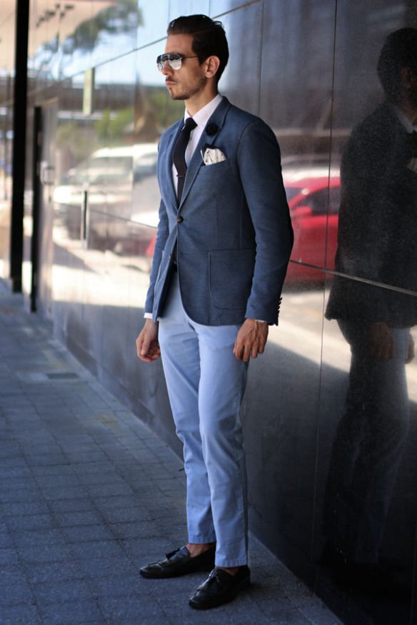 Full-length Blue Chinos Men, Light Blue Chinos, Best Chinos, Trousers Outfit Men, Chinos Men Outfit, Blue Blazer Outfit, Blue Chinos, Chino Pants Men, Pants Outfit Men