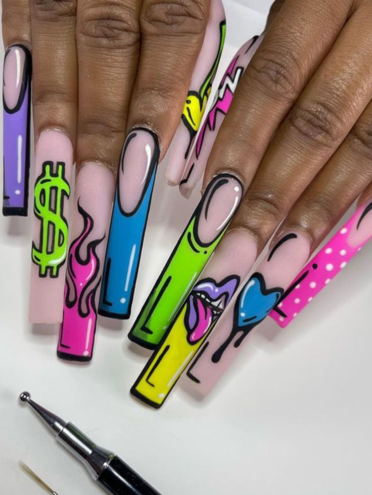 Gang Nails Designs, Divorce Nail Designs, Patch Nail Art, Cartoon Nails Design, Hip Hop Nails Design, Dollar Sign Nails Design, Money Nails Designs Ideas, Graffiti Nail Art Design, Money Acrylic Nail Design