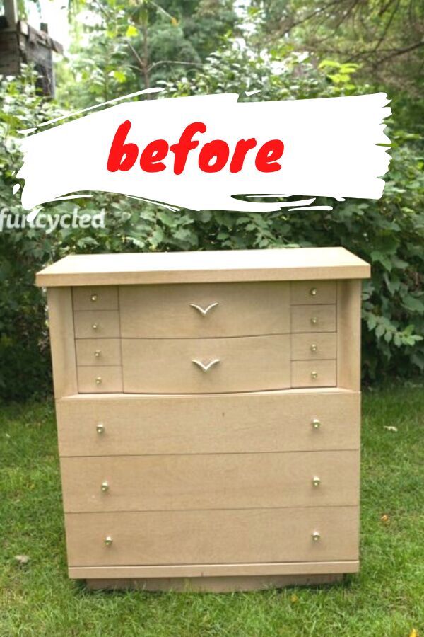 an old dresser has been painted white and red with the words before on it's top