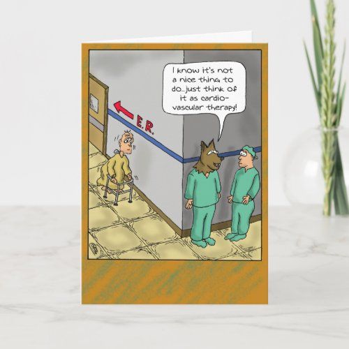 a card with an image of two men talking to each other in front of a door