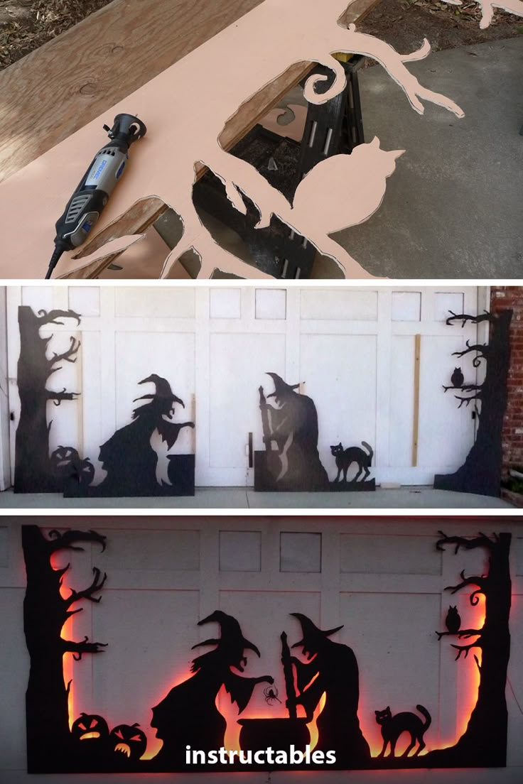 the silhouettes of cats and witches are on display in this diy halloween scene