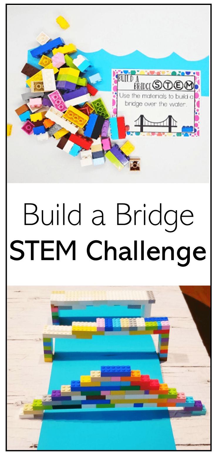 The pin shows two images.  The top image is a collection of colorful plastic building blocks, a wave sheet of paper and an activity card.  The bottom shows three bridges made from the building blocks. Kindergarten Stem Challenges, Bridge Stem Challenge, Lego Stem Challenge, Lego Bridge, Stem Challenges Elementary, Kindergarten Stem, Elementary Stem Activities, Activities Elementary, Build A Bridge