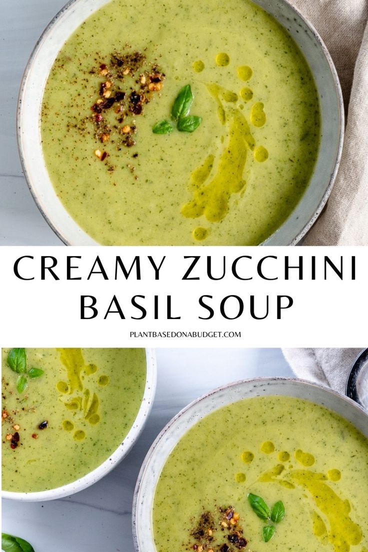 creamy zucchini basil soup in two white bowls