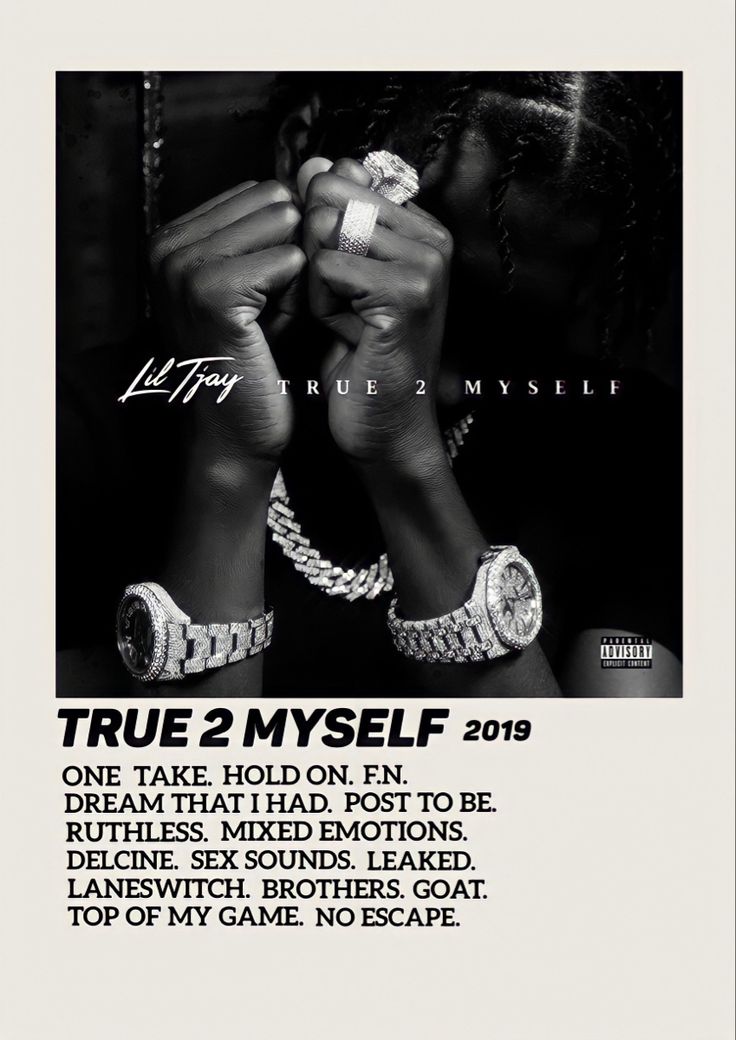 a poster with the words true 2 myself written in black and white on it