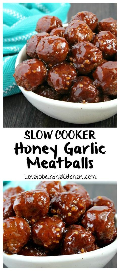 slow cooker honey garlic meatballs in a white bowl with the title above it