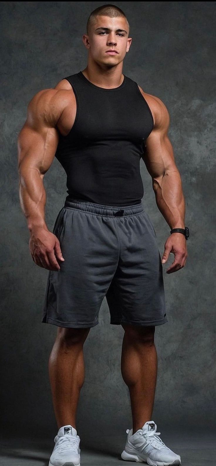 a man in black shirt and shorts posing for a photo with his hands on his hips