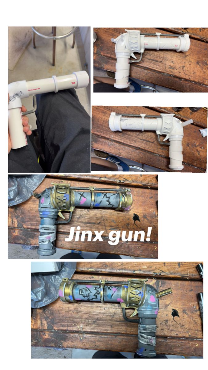 Made this gun out of pvc pipe and foam! Hope this helps anyone wondering how to make her gun! Arcane Diy Crafts, Jinx Props, Arcane Crafts, Cosplay Props Diy, Diy Cosplay, Cosplay Jinx, Jinx Cosplay, Bleaching Clothes, Foam Cosplay