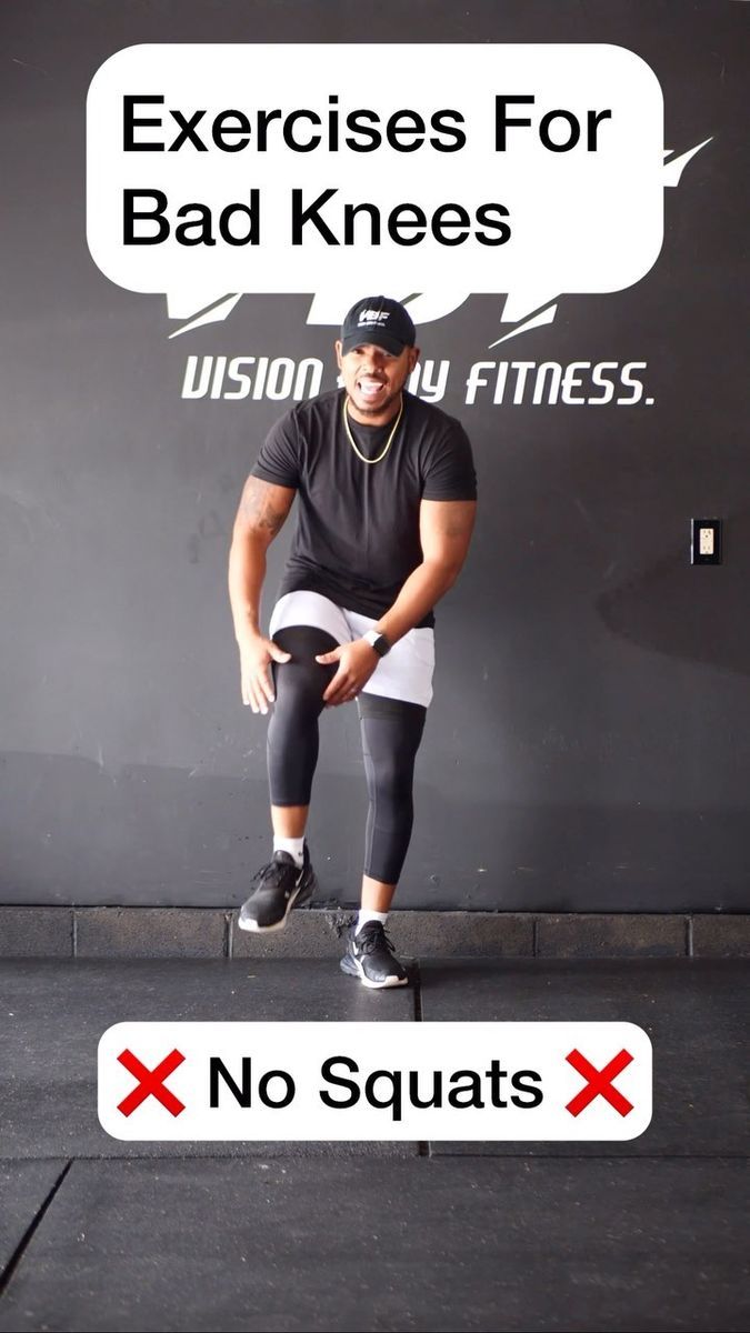 a man squatting on a bench with the words exercises for bad knees and no squats