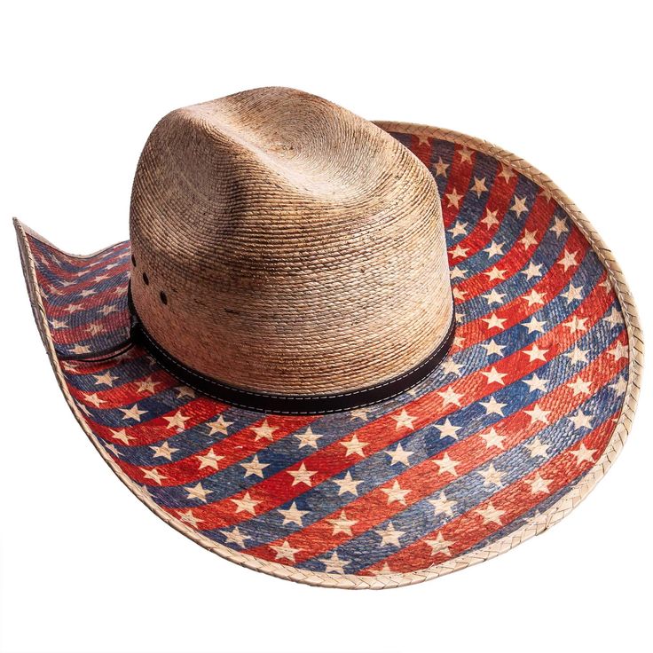 If you love this country, you'll love this Patriot hat! A straw cowboy hat with stars and stripes on the brim with a tasteful black and brown hatband. Also has silver pieces on the hatband American Style Adjustable Hat With Flat Brim, American Style Adjustable Flat Brim Hat, Country Style Cap For Country Events, Western Style Sun Hat For Rodeo, Western Style Straw Cap For Country Events, Country Style Sun Hat For Country Events, Country Style Cap Straw Hat For Country Events, Western Brown Straw Hat, Adjustable Country Style Hat Bands For Country Festivals