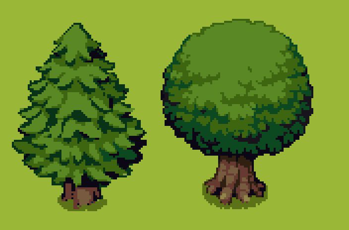 two pixelated trees on a green background