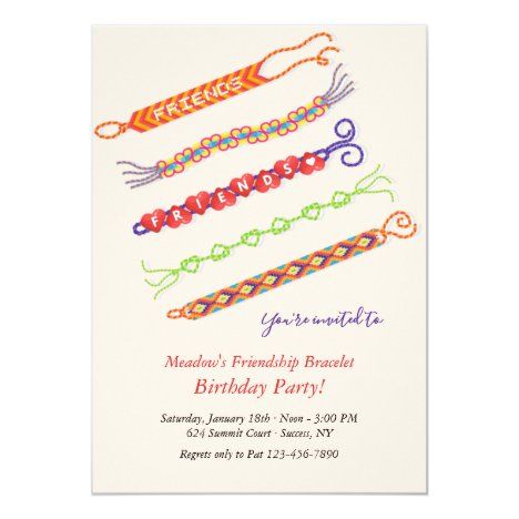 a birthday party card with colorful bracelets on it