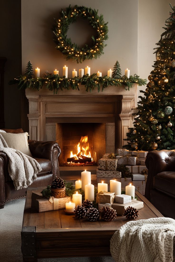 a living room decorated for christmas with lit candles